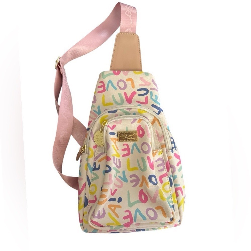 Luv Betsey Johnson LOVE Print Sling Backpack Crossbody Bag Colorful Purse NWT - Picture 2 of 7